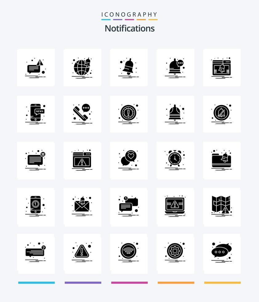 Creative Notifications 25 Glyph Solid Black icon pack  Such As mobile. notice. notify. activity. notification vector