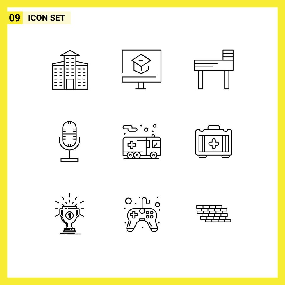 Stock Vector Icon Pack of 9 Line Signs and Symbols for security emergency chair microphone broadcast Editable Vector Design Elements