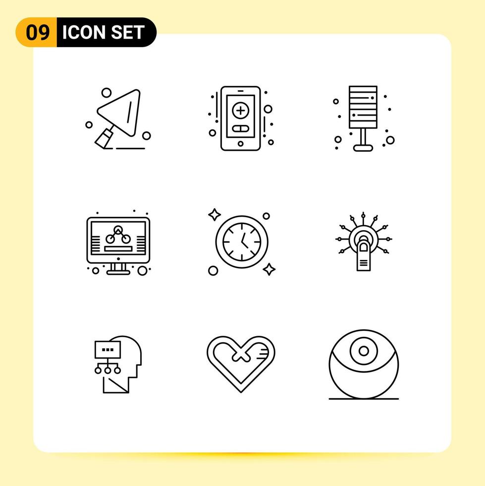 9 Universal Outline Signs Symbols of time watch furniture screen management Editable Vector Design Elements