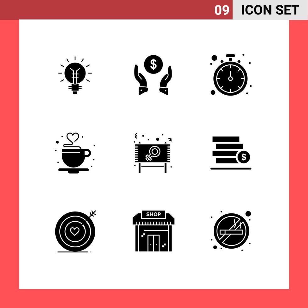 Set of 9 Vector Solid Glyphs on Grid for tea cup money coffee timer Editable Vector Design Elements
