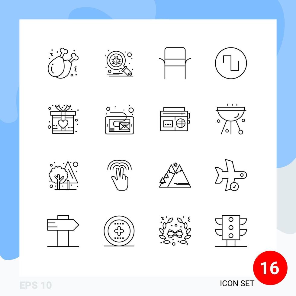 Mobile Interface Outline Set of 16 Pictograms of present gift chair wave sound Editable Vector Design Elements