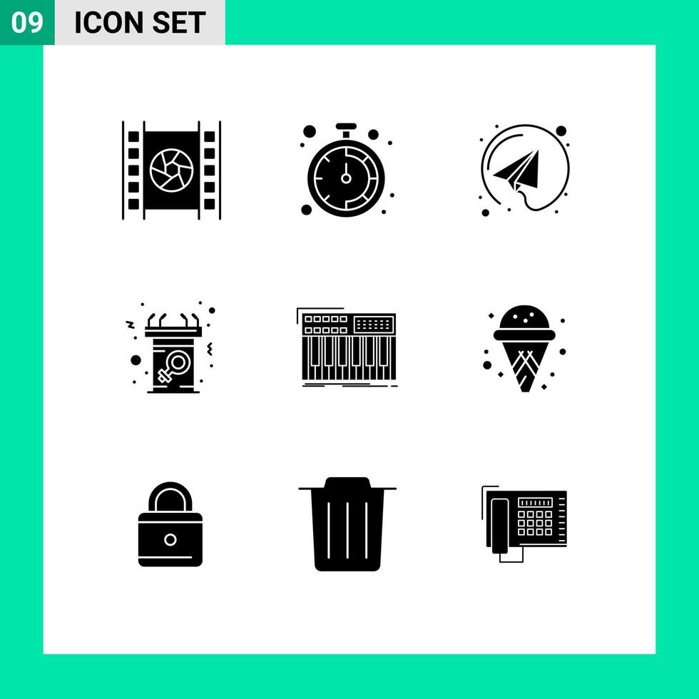Modern Set of 9 Solid Glyphs and symbols such as midi synth paper plane speech female Editable Vector Design Elements