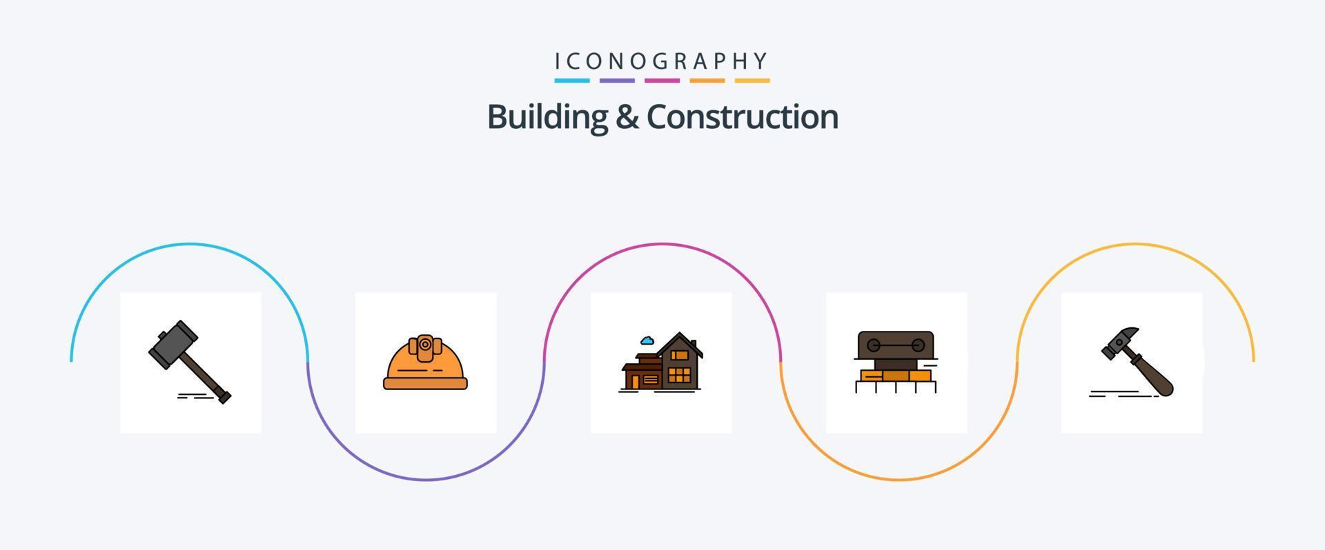 edificio y construcción línea lleno plano 5 5 icono paquete incluso herramienta. nivel. ingeniero. apartamento casa vector