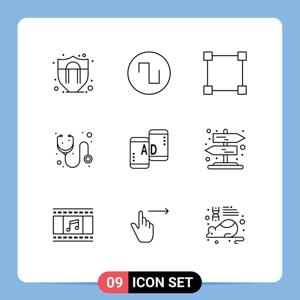 Pack of 9 Modern Outlines Signs and Symbols for Web Print Media such as road mobile advertisig rectangle mobile stethoscope Editable Vector Design Elements