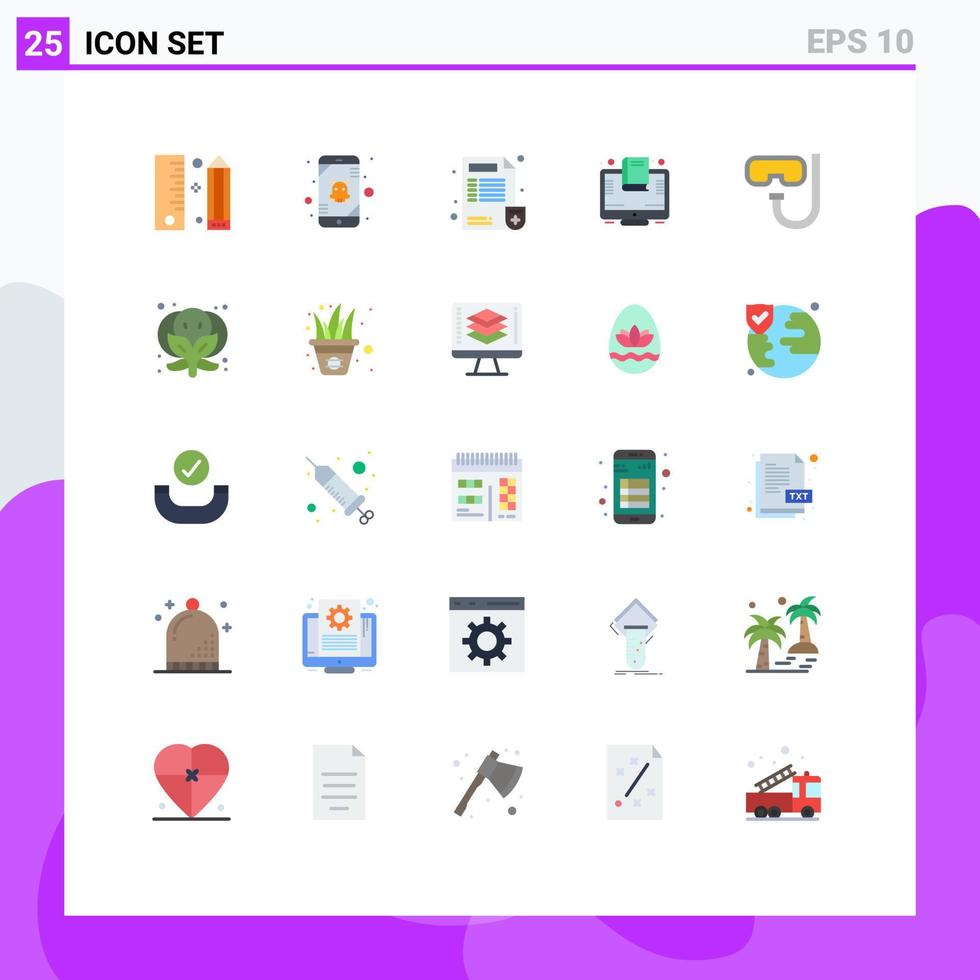 Mobile Interface Flat Color Set of 25 Pictograms of screen laptop virus education report Editable Vector Design Elements