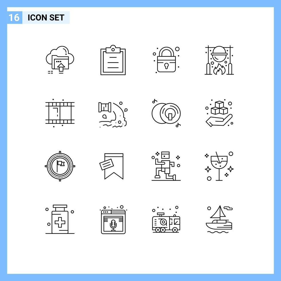 User Interface Pack of 16 Basic Outlines of reel cooking closed food caldron Editable Vector Design Elements