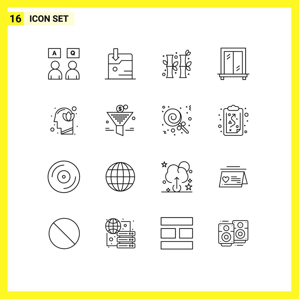 Pack of 16 Modern Outlines Signs and Symbols for Web Print Media such as lotus head china harmony window Editable Vector Design Elements