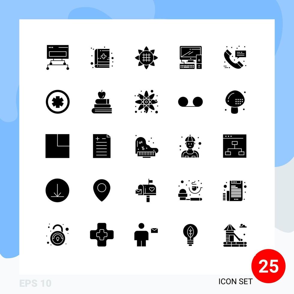 Pictogram Set of 25 Simple Solid Glyphs of medical call flower pc equipment Editable Vector Design Elements