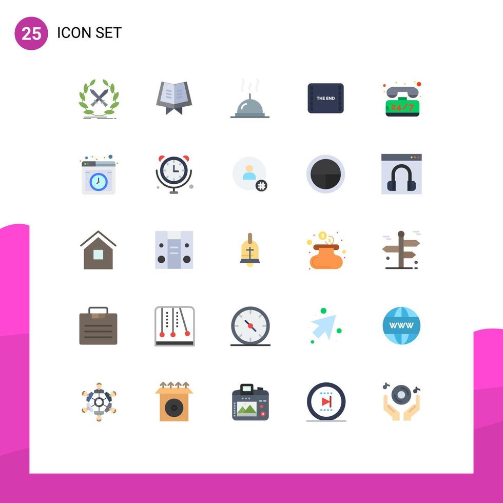 User Interface Pack of 25 Basic Flat Colors of telephone help dish scene film Editable Vector Design Elements