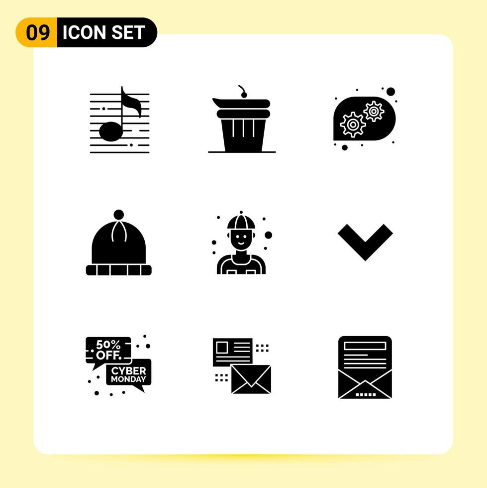 Pack of 9 Modern Solid Glyphs Signs and Symbols for Web Print Media such as plumber man kitchen wear hat Editable Vector Design Elements