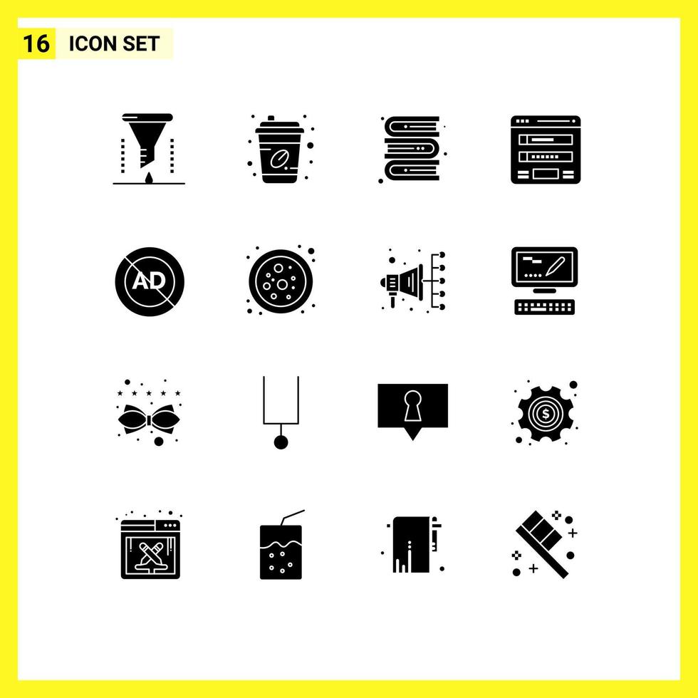 Editable Vector Line Pack of 16 Simple Solid Glyphs of ad sitemap takeout login flowchart Editable Vector Design Elements