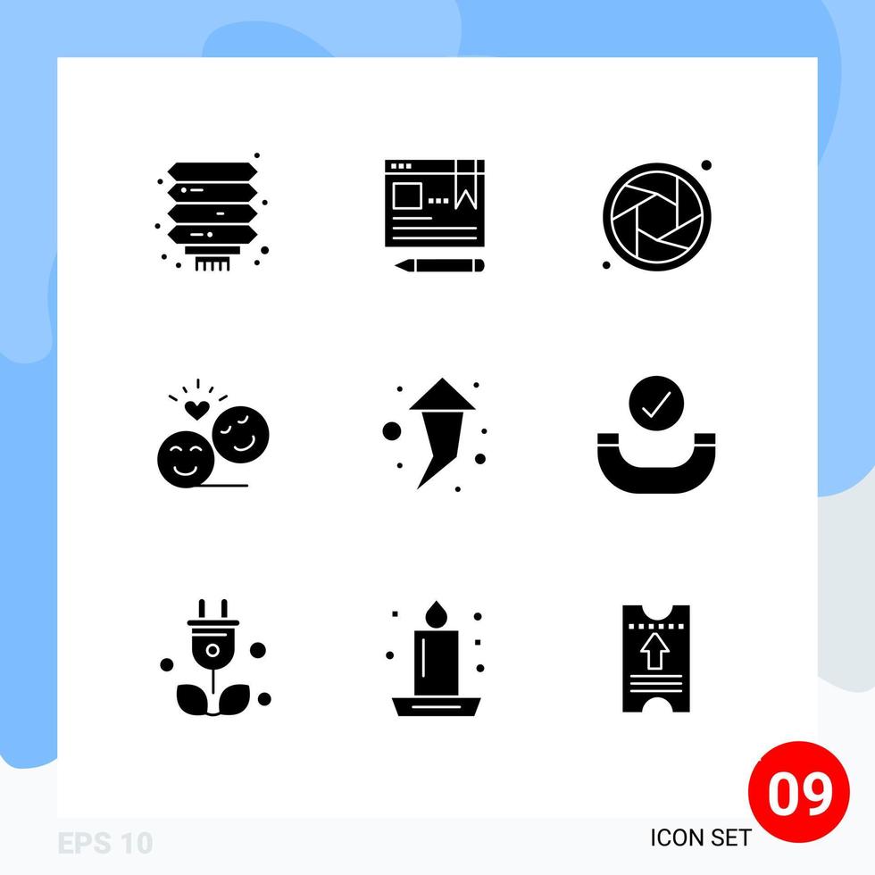 Modern Set of 9 Solid Glyphs Pictograph of right valentine camera emoji avatar Editable Vector Design Elements