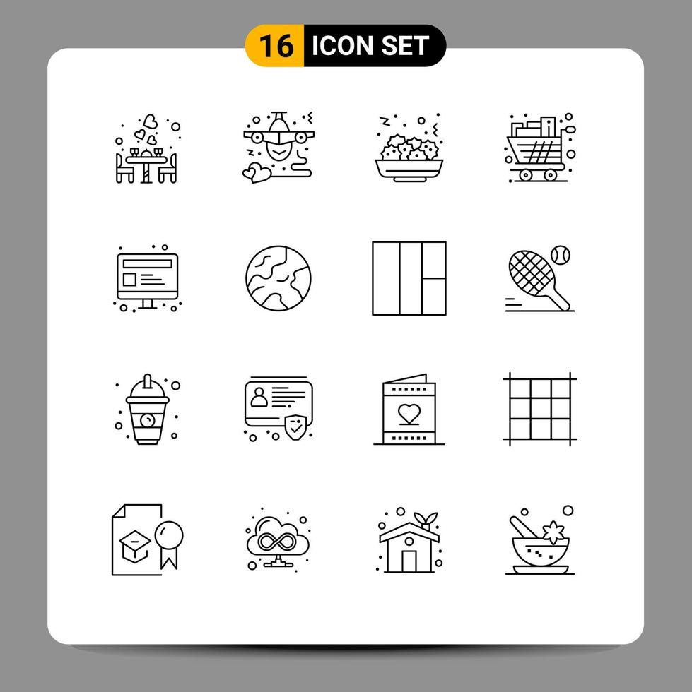 Mobile Interface Outline Set of 16 Pictograms of trolley groceries heart full eat Editable Vector Design Elements