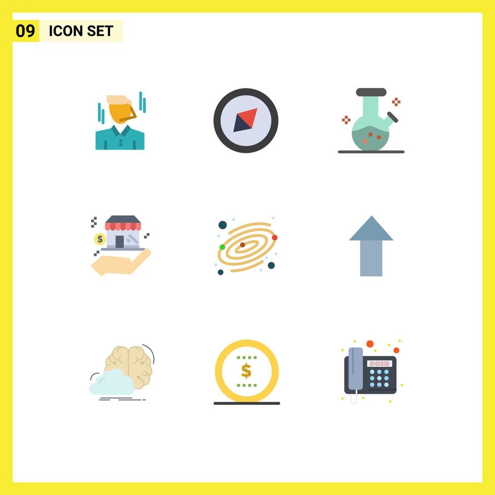 Mobile Interface Flat Color Set of 9 Pictograms of arrow planet lab astronomy shop Editable Vector Design Elements