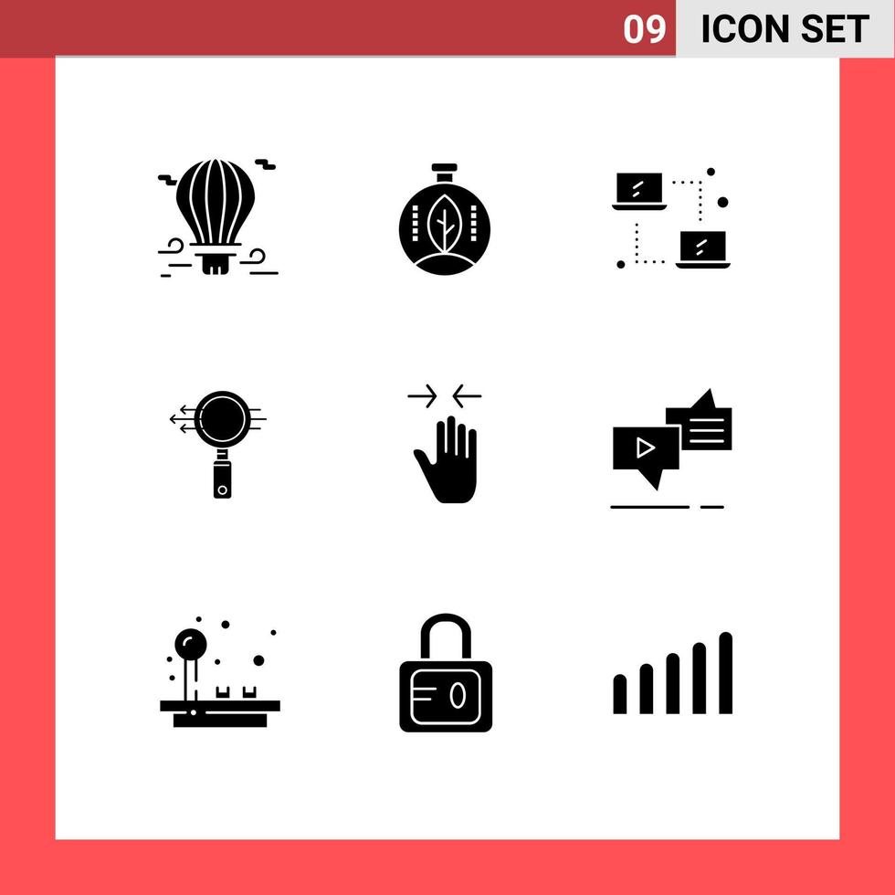 Mobile Interface Solid Glyph Set of 9 Pictograms of hand e search power glass transfer Editable Vector Design Elements
