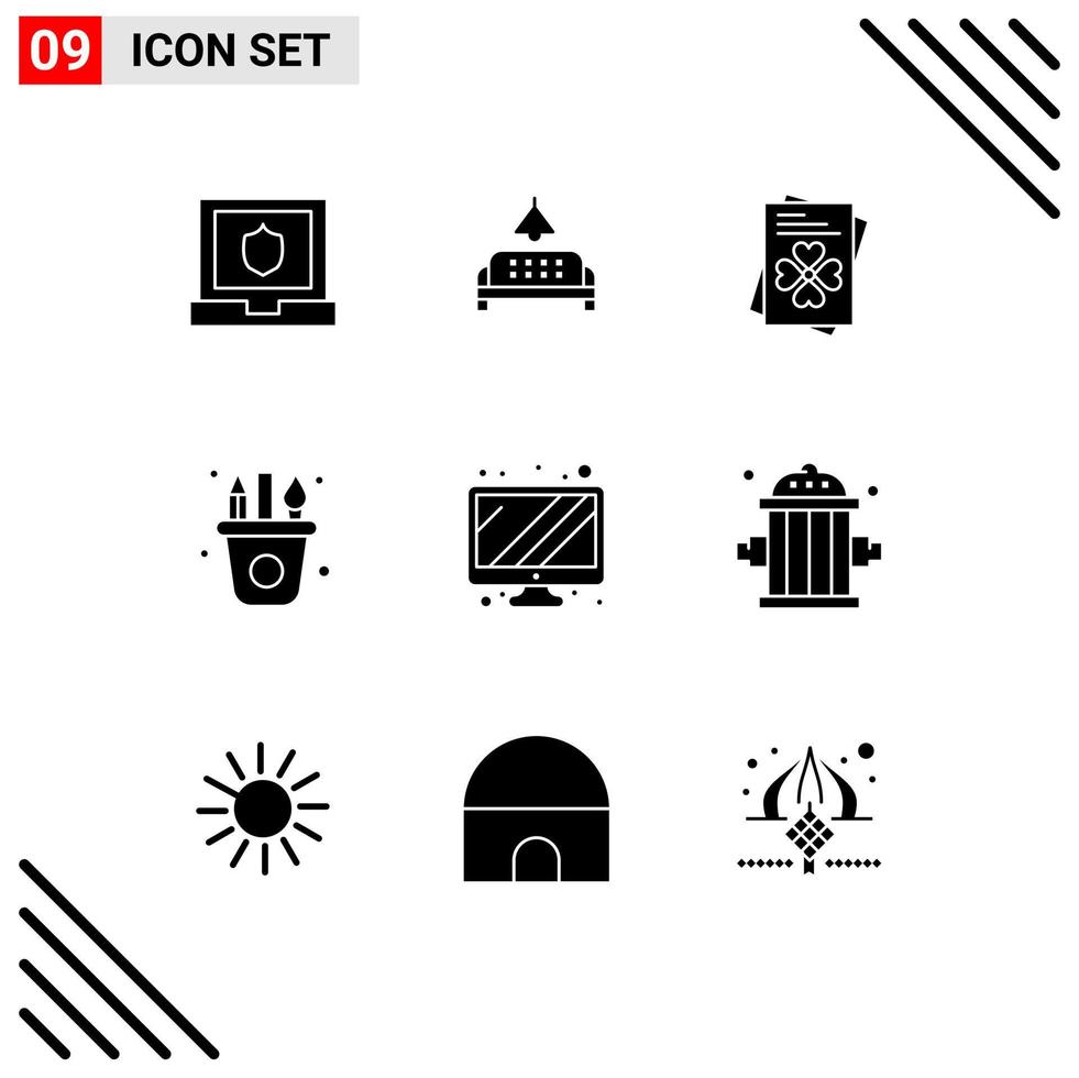 Solid Glyph Pack of 9 Universal Symbols of firefighter screen world monitor paint Editable Vector Design Elements