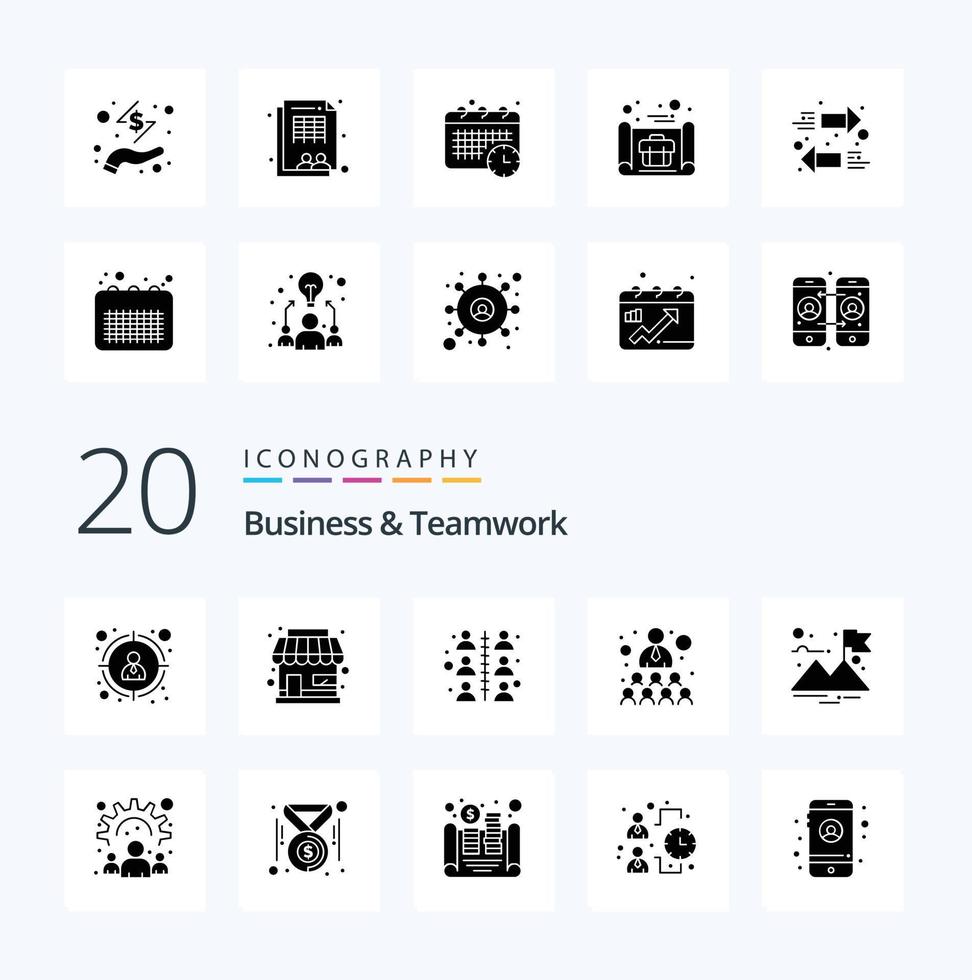 20 Business And Teamwork Solid Glyph icon Pack like work community relationship business flag vector