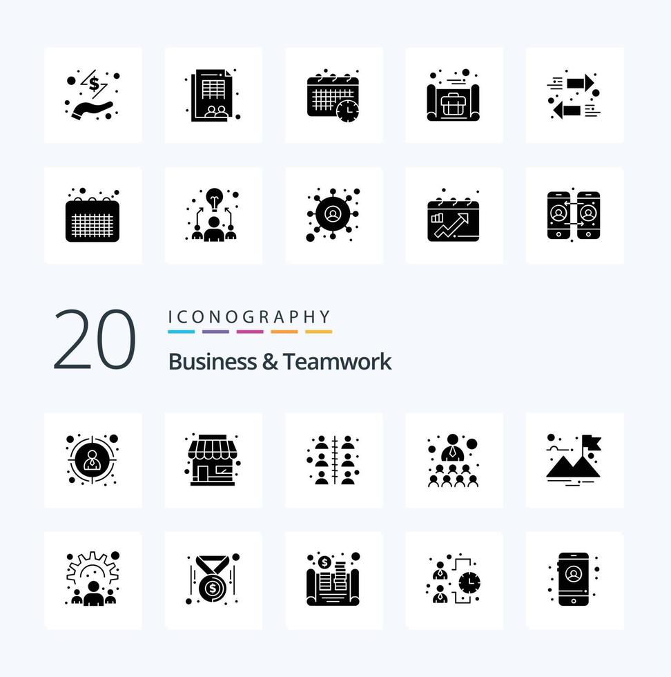 20 Business And Teamwork Solid Glyph icon Pack like work community relationship business flag vector