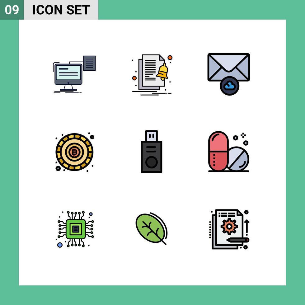 User Interface Pack of 9 Basic Filledline Flat Colors of usb disk notify token blockchain Editable Vector Design Elements