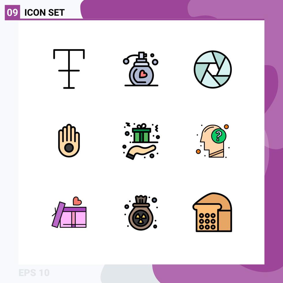 Group of 9 Modern Filledline Flat Colors Set for present gift box focus gift palm Editable Vector Design Elements