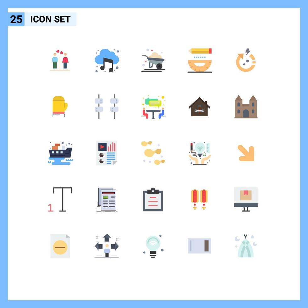 Mobile Interface Flat Color Set of 25 Pictograms of pencil design sound compass wheelbarrow Editable Vector Design Elements