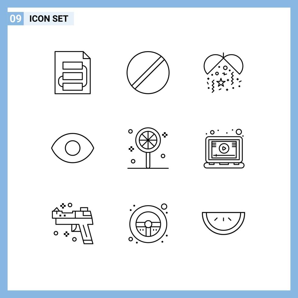 Mobile Interface Outline Set of 9 Pictograms of holiday candy research view party Editable Vector Design Elements