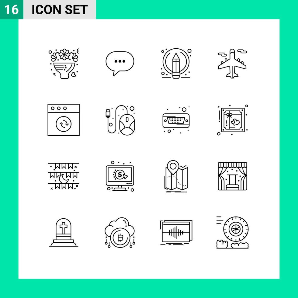 Mobile Interface Outline Set of 16 Pictograms of app transport bubble plane pencil Editable Vector Design Elements