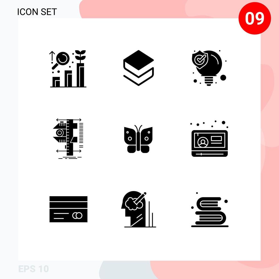 Pack of 9 Modern Solid Glyphs Signs and Symbols for Web Print Media such as butterfly physics idea calipers measure Editable Vector Design Elements
