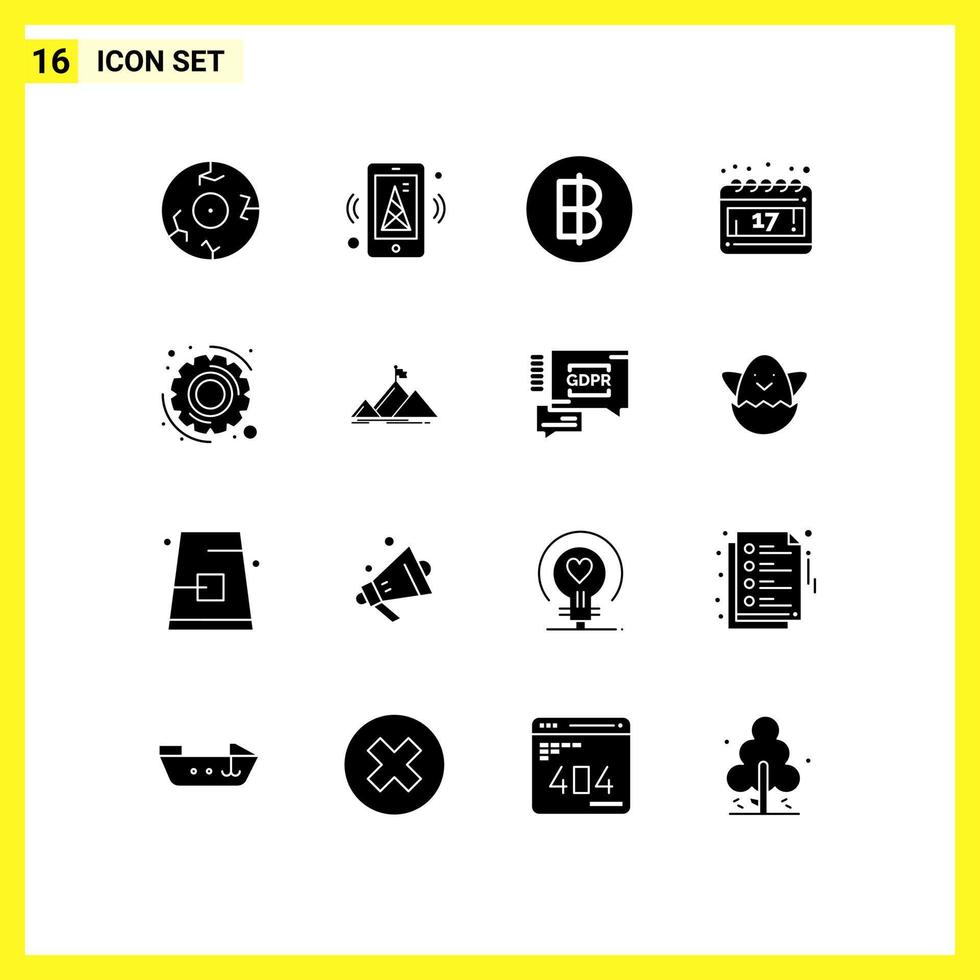 Modern Set of 16 Solid Glyphs and symbols such as settings gear baht schedule calendar Editable Vector Design Elements