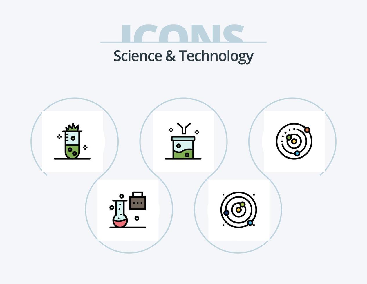 Ciencias y tecnología línea lleno icono paquete 5 5 icono diseño. laboratorio matraz. químico matraz. nube ajustes. científico investigación. Ciencias laboratorio vector