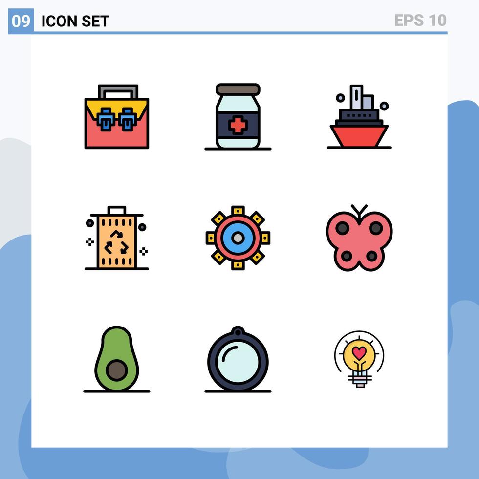 9 User Interface Filledline Flat Color Pack of modern Signs and Symbols of building recycle cruise power energy Editable Vector Design Elements