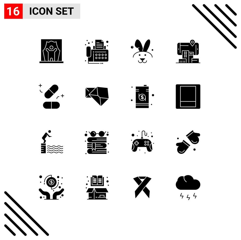 Solid Glyph Pack of 16 Universal Symbols of pills audmented device technology reality Editable Vector Design Elements