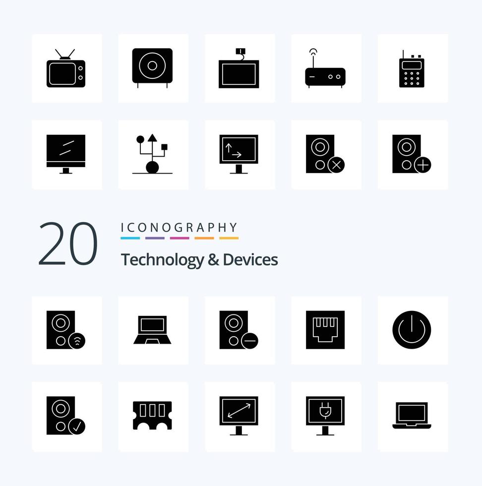 20 Devices Solid Glyph icon Pack like subwoofer electronics hardware devices watch vector