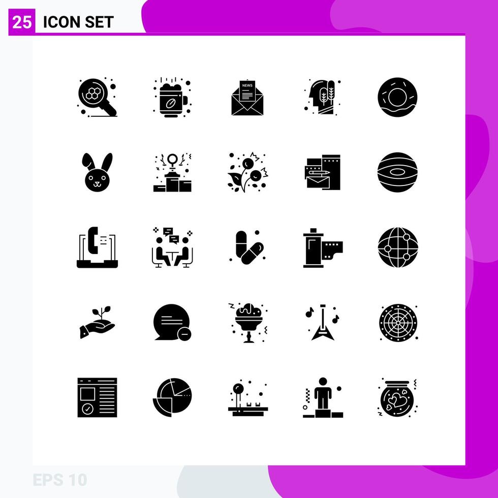 25 Thematic Vector Solid Glyphs and Editable Symbols of bread human news head letter Editable Vector Design Elements