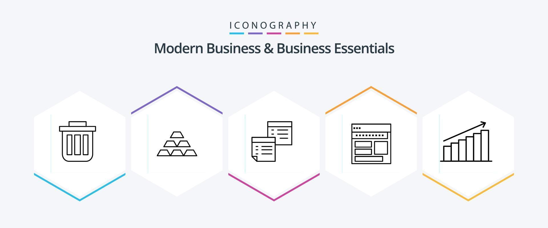 Modern Business And Business Essentials 25 Line icon pack including notes. files. bars. sticky. reserve vector