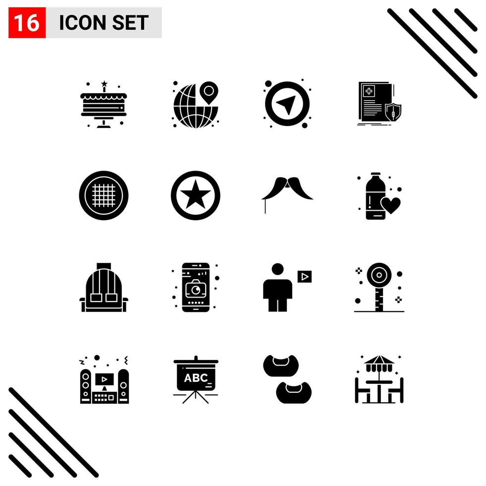 Set of 16 Commercial Solid Glyphs pack for grid medical interface sheild document Editable Vector Design Elements