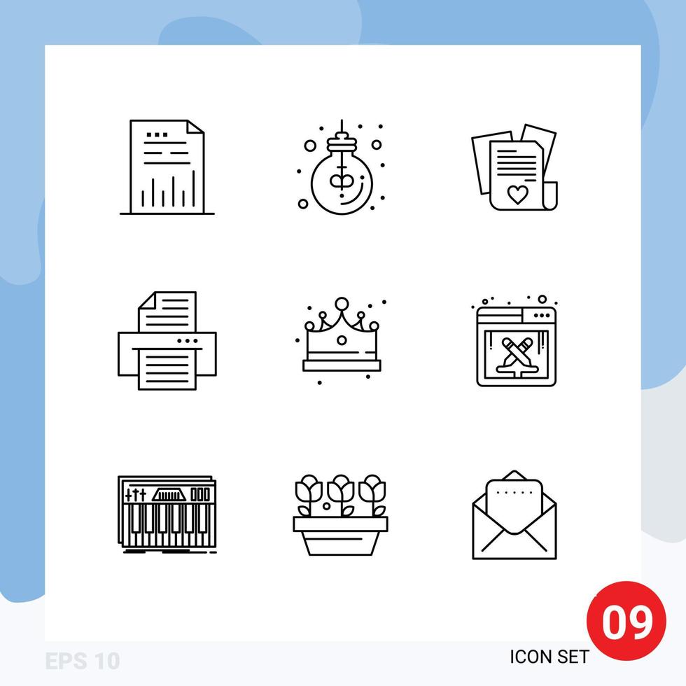 9 Universal Outlines Set for Web and Mobile Applications crown print light device heart Editable Vector Design Elements