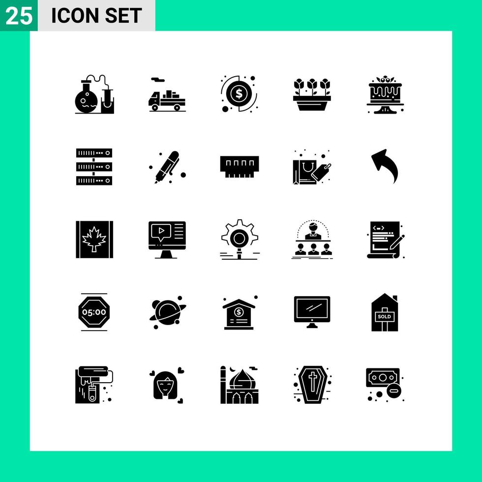 Modern Set of 25 Solid Glyphs Pictograph of food cake coins spring growth Editable Vector Design Elements