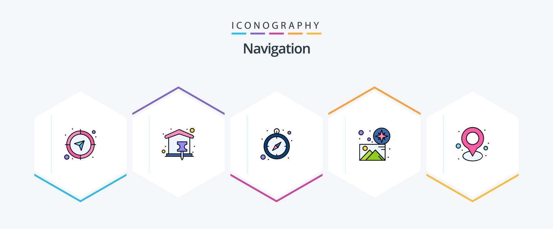 Navigation 25 FilledLine icon pack including location. gallery. map pin. direction. gps vector