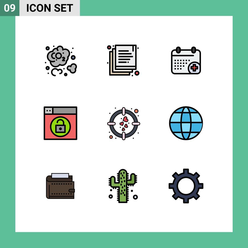 Pack of 9 Modern Filledline Flat Colors Signs and Symbols for Web Print Media such as target heart calender unlock design Editable Vector Design Elements