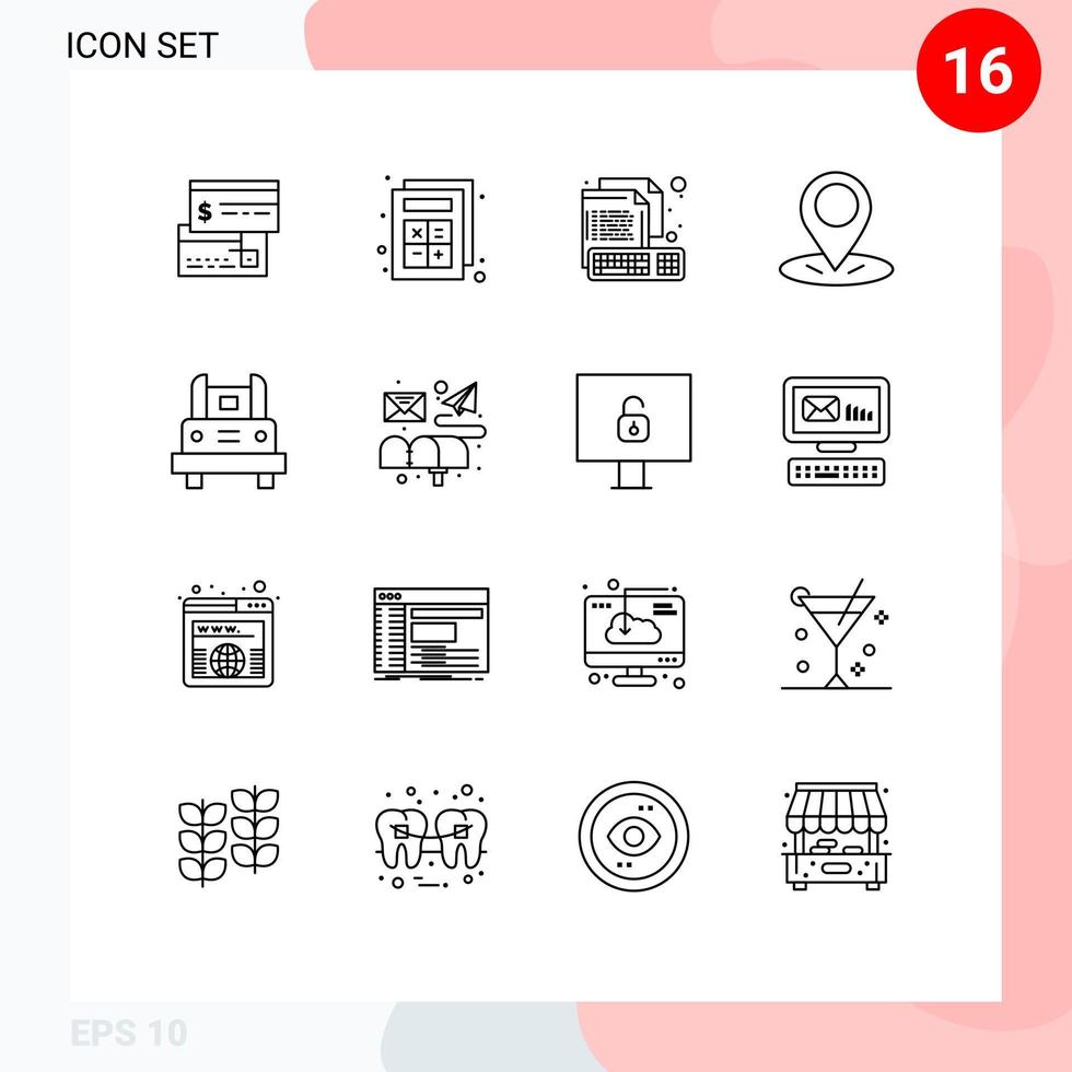 Pack of 16 creative Outlines of bus location interaction gps keyboard Editable Vector Design Elements
