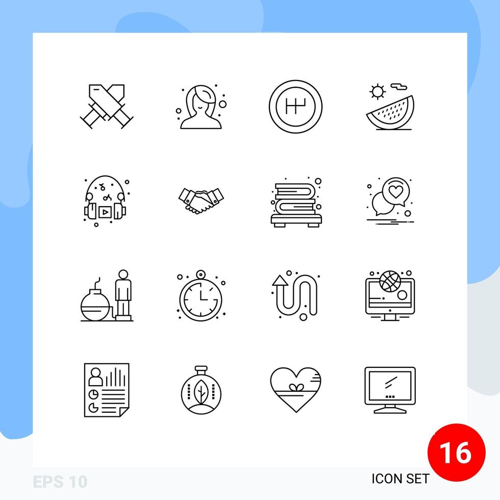 16 Universal Outlines Set for Web and Mobile Applications headphone hobbies gearshift vacation fruit Editable Vector Design Elements