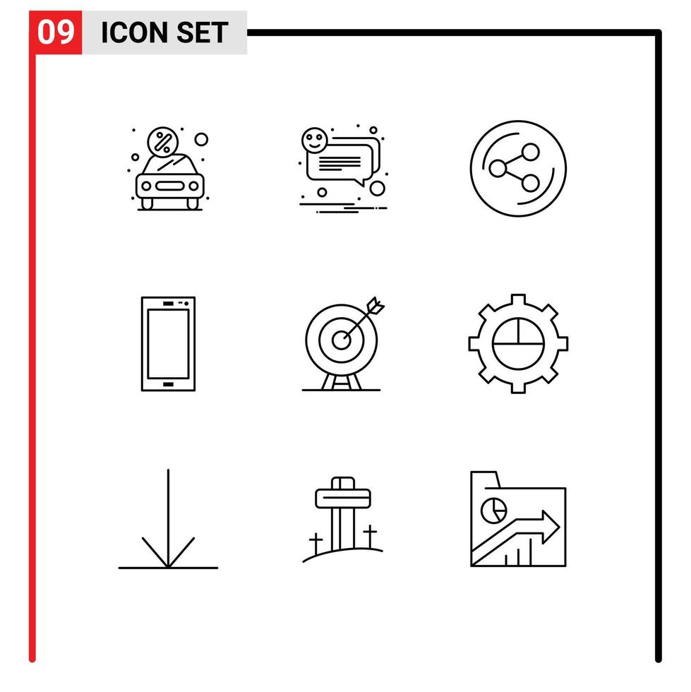 User Interface Pack of 9 Basic Outlines of target android smile mobile phone Editable Vector Design Elements