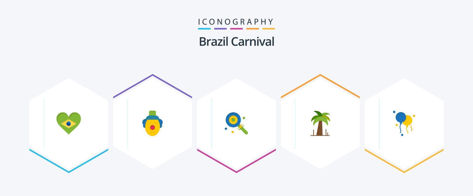 Brasil carnaval 25 plano icono paquete incluso paleta caramelo. bufón. celebracion. brasileño vector
