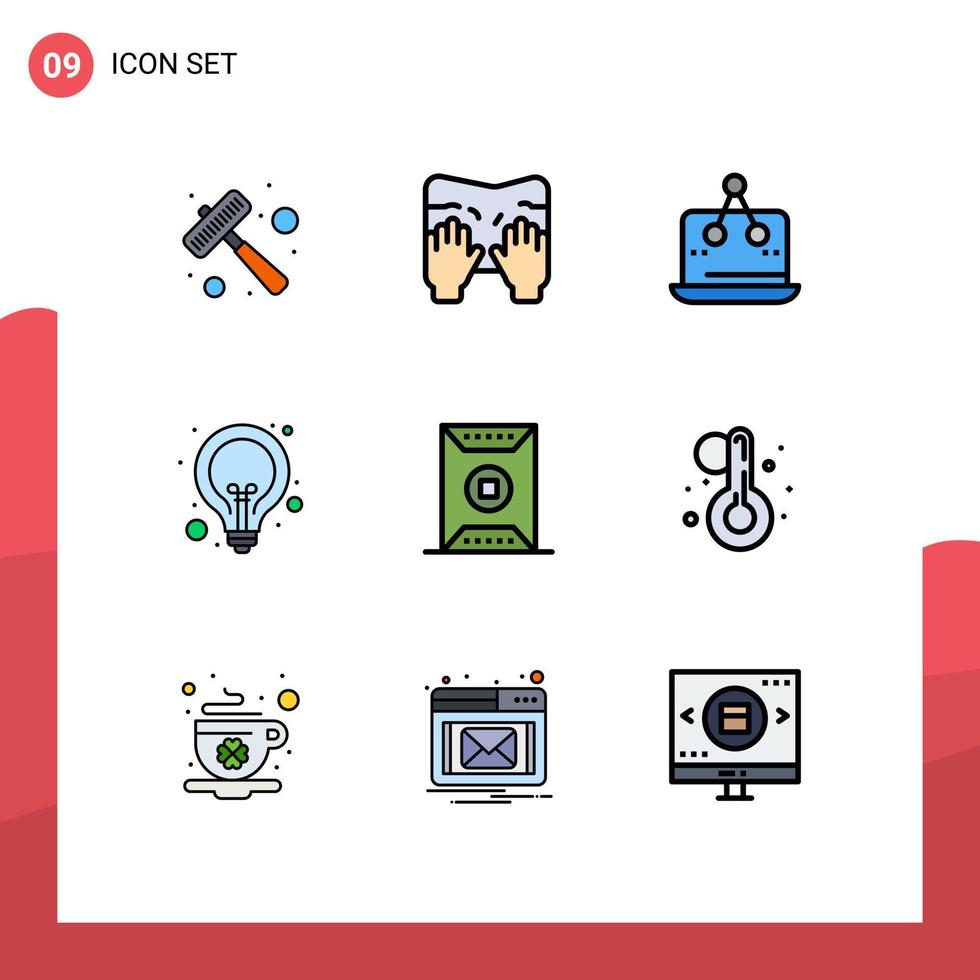 9 User Interface Filledline Flat Color Pack of modern Signs and Symbols of web lamp cross idea platform Editable Vector Design Elements