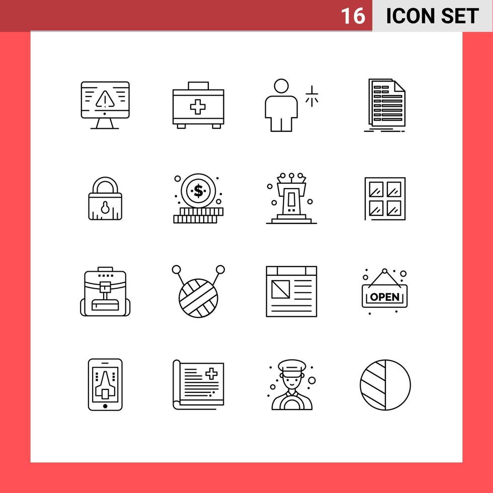 Modern Set of 16 Outlines and symbols such as lock invoice body file bill Editable Vector Design Elements