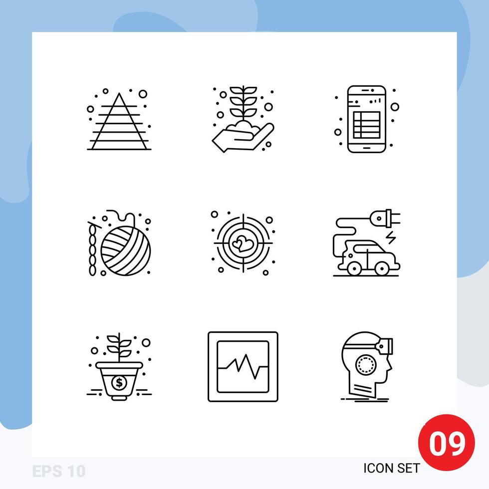 Mobile Interface Outline Set of 9 Pictograms of knit crochet app crafts reading Editable Vector Design Elements