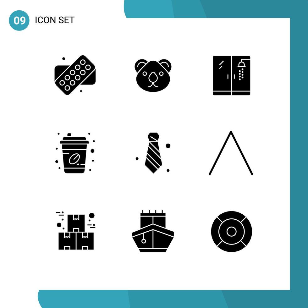 Group of 9 Modern Solid Glyphs Set for necktie attire plumber takeout coffee cup Editable Vector Design Elements
