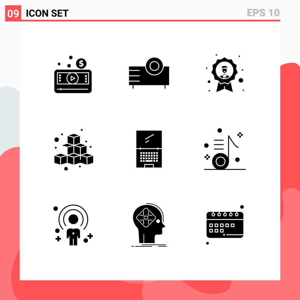 Editable Vector Line Pack of 9 Simple Solid Glyphs of fun cubes projector medal badge Editable Vector Design Elements