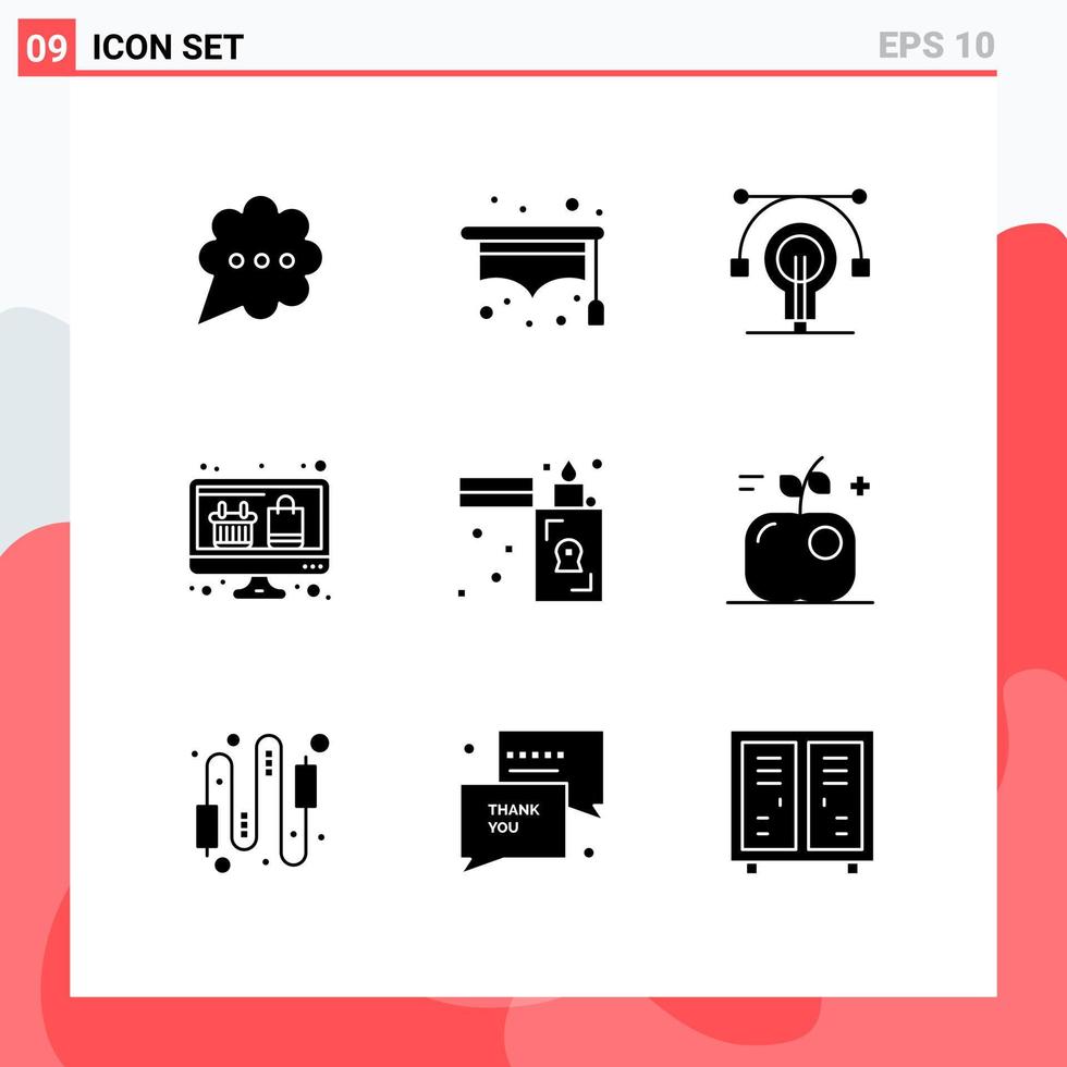 Set of 9 Commercial Solid Glyphs pack for zippo flame idea fire monitor Editable Vector Design Elements